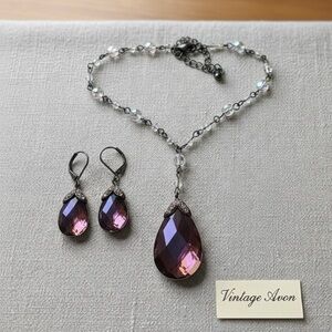 Vintage Avon clear purple hues crystal facet teardrop necklace earring set